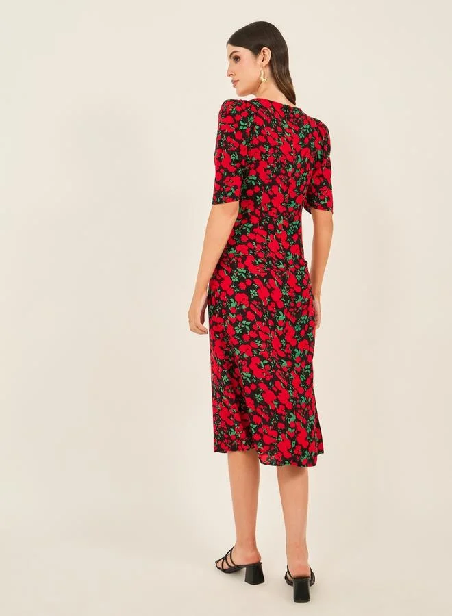 Styli Styli Floral Print Short Sleeves Sheath Midi Dress