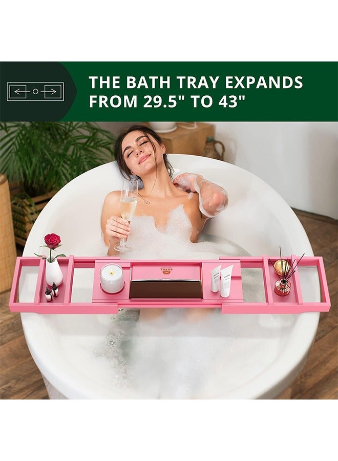 Royal Craft Wood Luxury Foldable Bathtub Caddy, Expandable Bath Caddy Tray, Unique House Warming Gifts, New Home, Anniversary and Wedding Gifts for Couple, Bonus Free Soap Holder (Pink) - Image 3