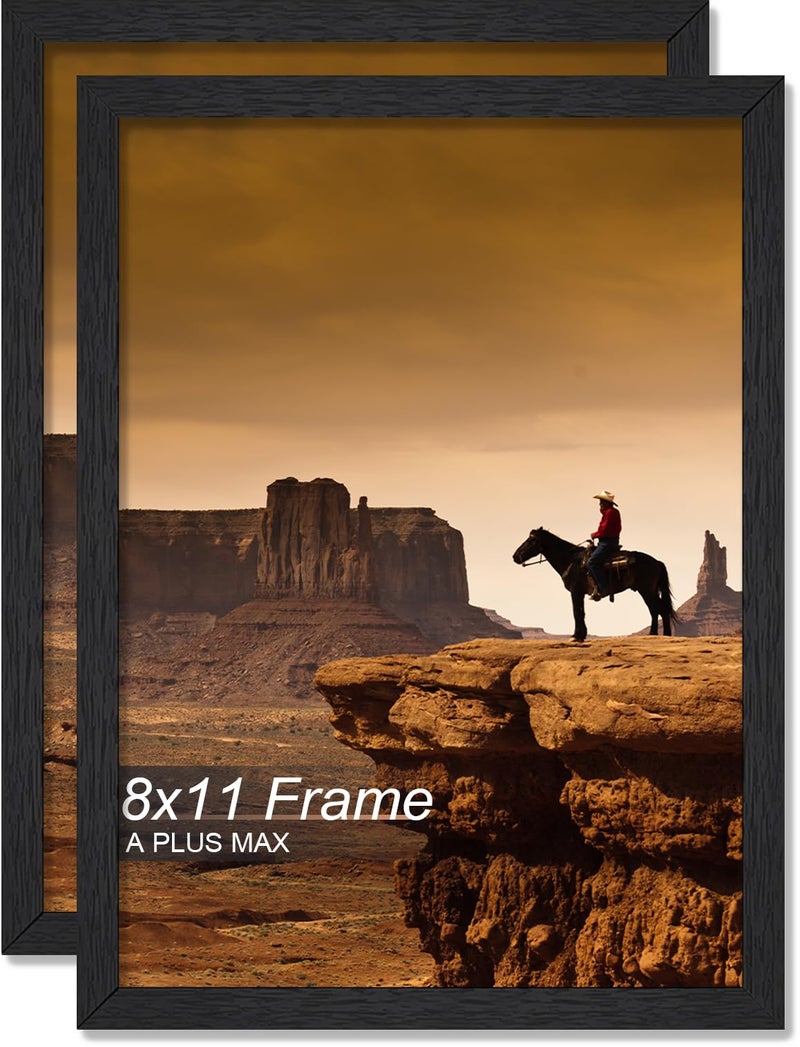 A PLUS MAX 8x11 Picture Frame Set of 2, Black Engineered Wood Frame for 8 x 11 Inch Picture Poster Photo, Light Weight 8 by 11 Frame with Wood-grain for Wall - 2 Pack/Black/8"x11" - Image 1