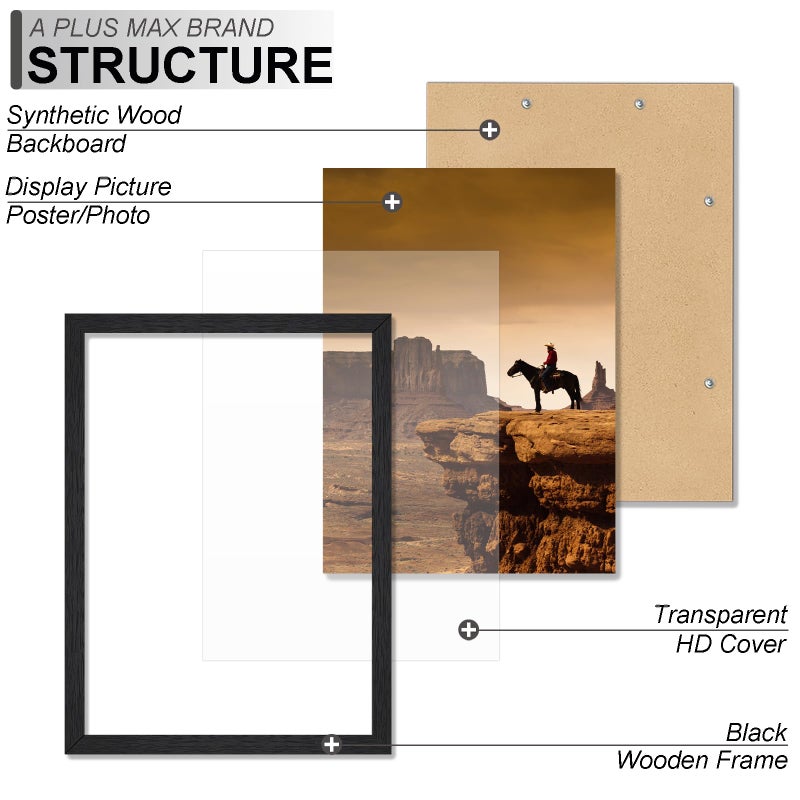 A PLUS MAX 8x11 Picture Frame Set of 2, Black Engineered Wood Frame for 8 x 11 Inch Picture Poster Photo, Light Weight 8 by 11 Frame with Wood-grain for Wall - 2 Pack/Black/8"x11" - Image 3