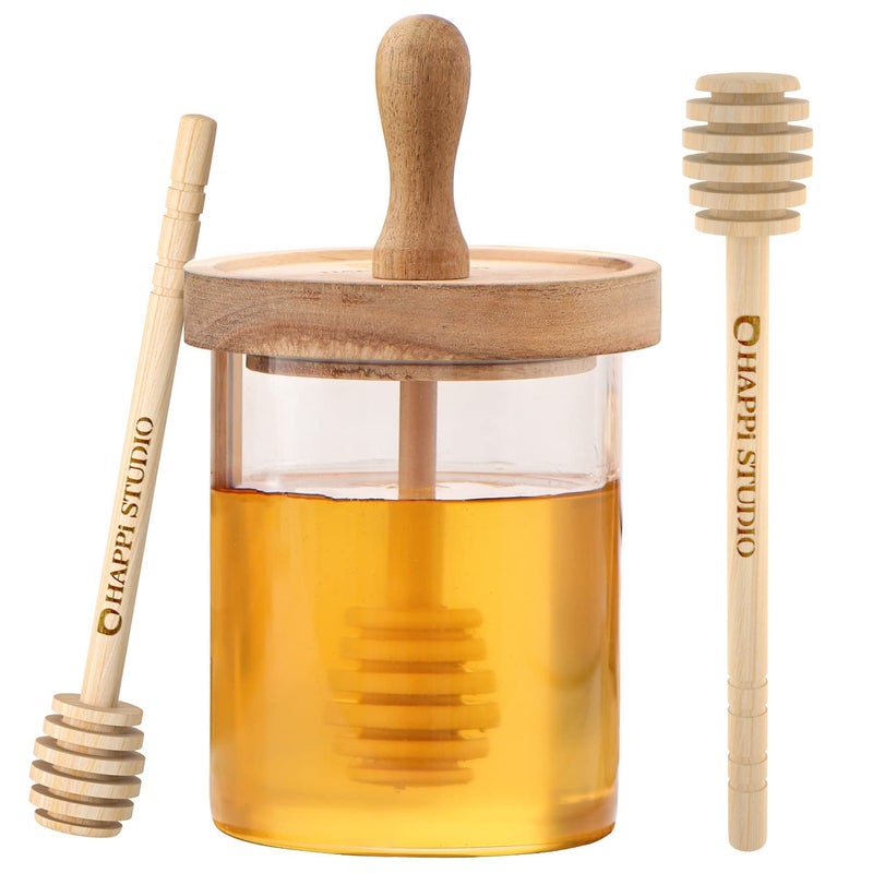 HAPPI STUDIO Honey Pot with Dipper and Lid  Glass Honey Jar with dipper  honey Dispenser No Drip  Honey Container Dispenser  Bee Honey Holder  Honey Pot Glass Storage 135 oz Wood Lid