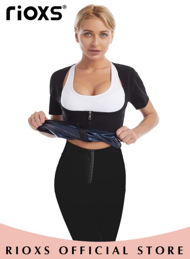 RIOXS Women Compression Shapewear Tops, Short Sleeve Hot Waist Trainer, Underbust Tummy Control Body Shaper, Underbust Corset with Zipper, Lightweight Comfortable Sweat Fitness Shirt, Sauna Effect Tops, Easy to Wear and Take Off - Image 1