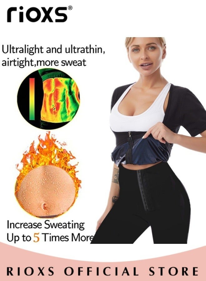 RIOXS Women Compression Shapewear Tops, Short Sleeve Hot Waist Trainer, Underbust Tummy Control Body Shaper, Underbust Corset with Zipper, Lightweight Comfortable Sweat Fitness Shirt, Sauna Effect Tops, Easy to Wear and Take Off - Image 4