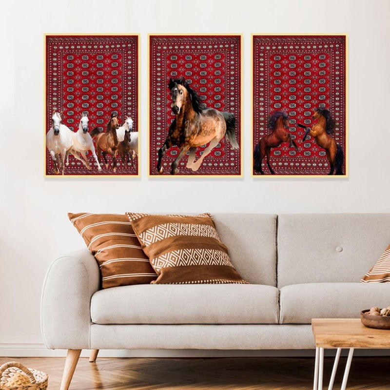 Marktna Three canvas paintings with a horse design and a hollow frame, measuring (120×60), three pieces - Image 1