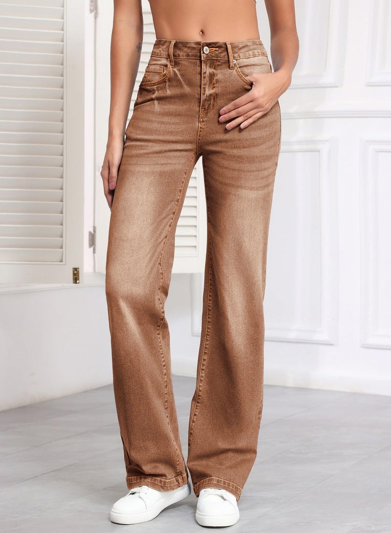 Sidefeel Women's Wide Leg Jeans Casual High Waisted Straight Denim Pants with Pockets Brown Size 12 - Image 4