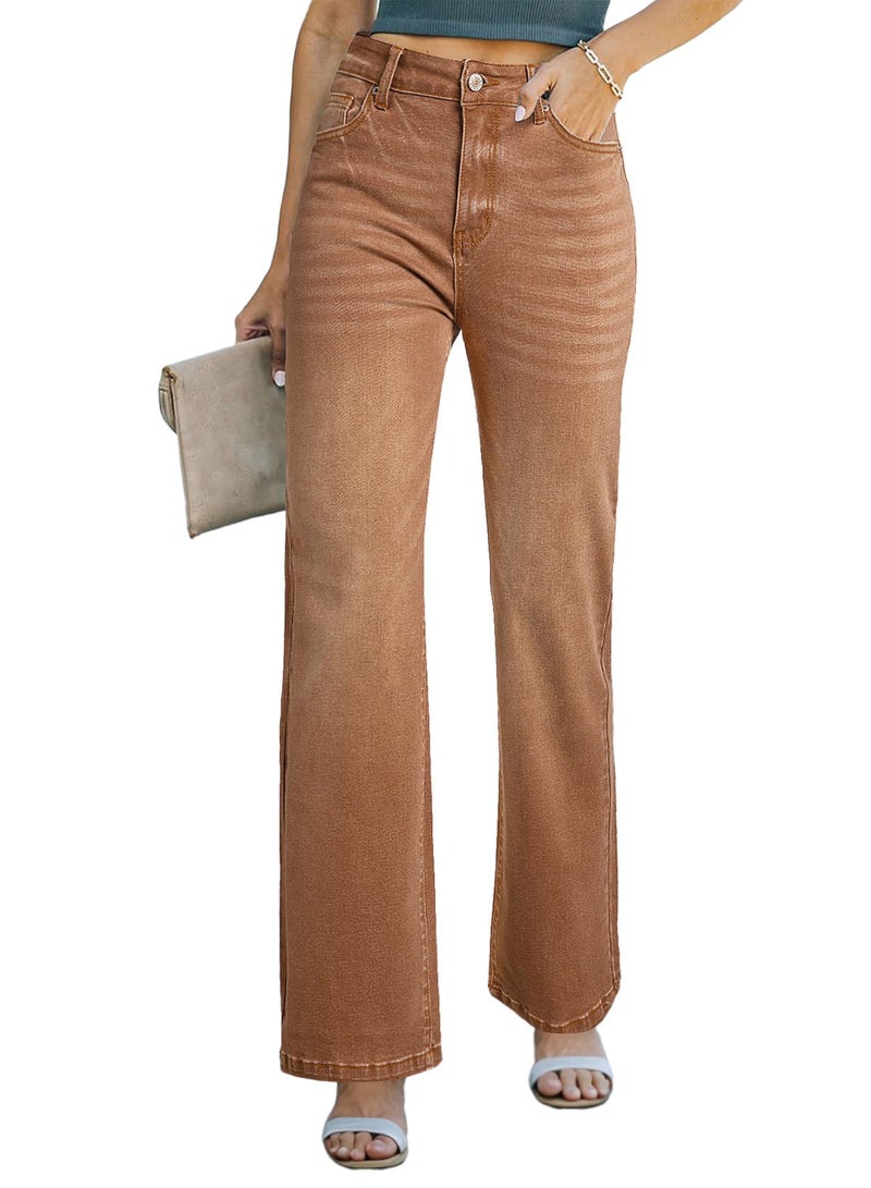 Sidefeel Women's Wide Leg Jeans Casual High Waisted Straight Denim Pants with Pockets Brown Size 12 - Image 1