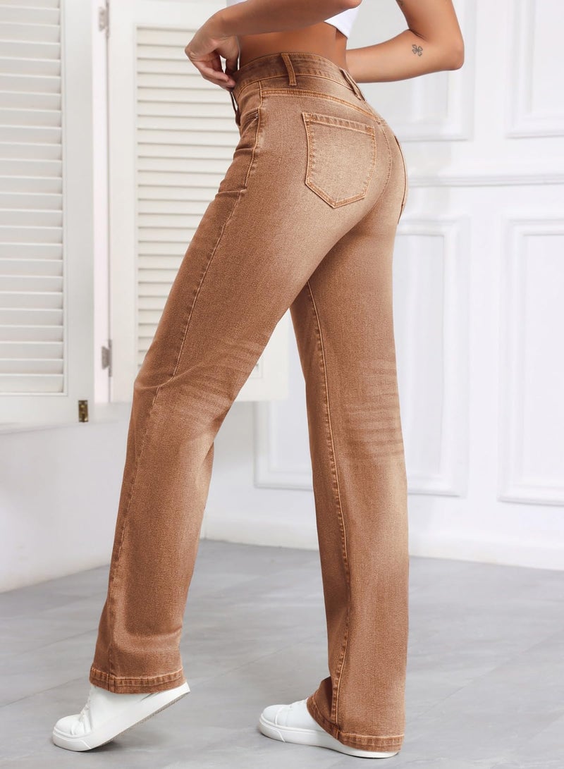 Sidefeel Women's Wide Leg Jeans Casual High Waisted Straight Denim Pants with Pockets Brown Size 12 - Image 3