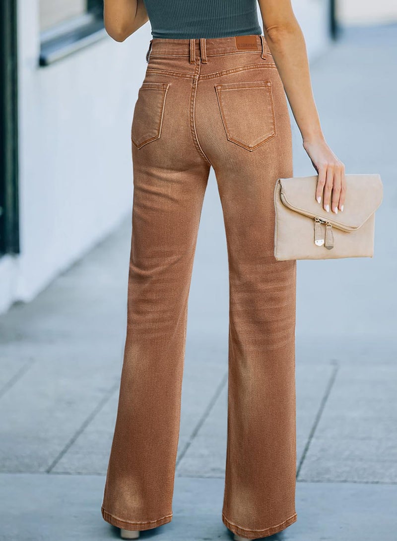 Sidefeel Women's Wide Leg Jeans Casual High Waisted Straight Denim Pants with Pockets Brown Size 12 - Image 2