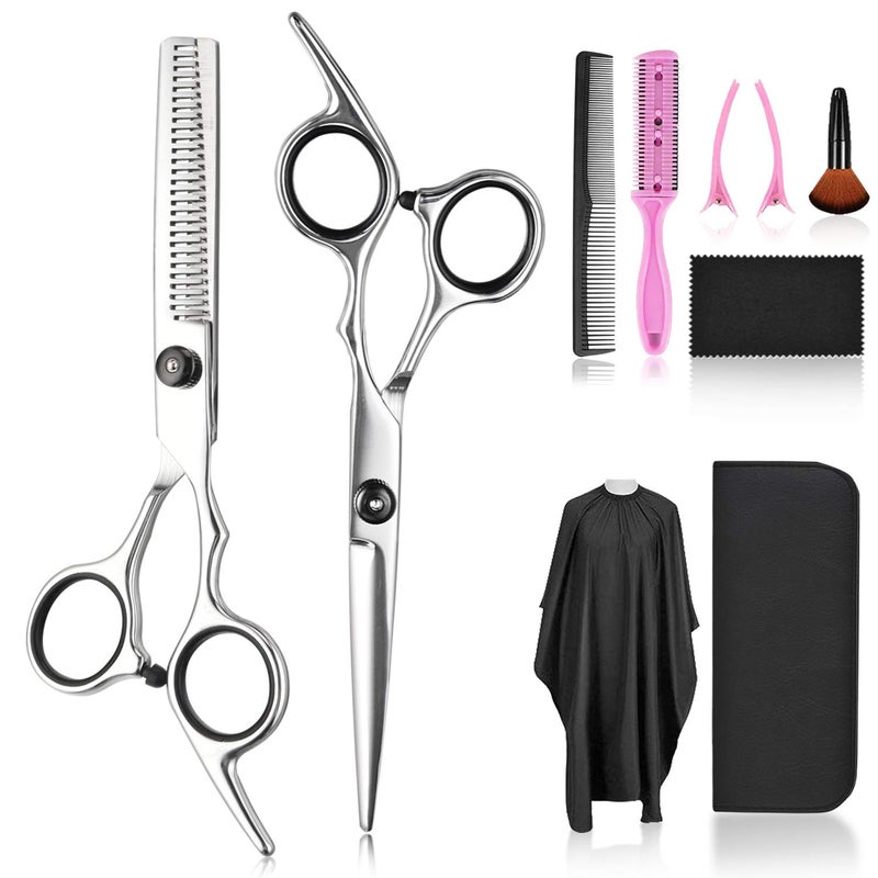 Fcysy Professional 10 Pcs Sharp Barber Hair Cutting Kit - Thinning Shears Set, Haircut Scissors & Hairdressing Shears with Accessories in Leather Case for Women, Men & Pet - Image 1