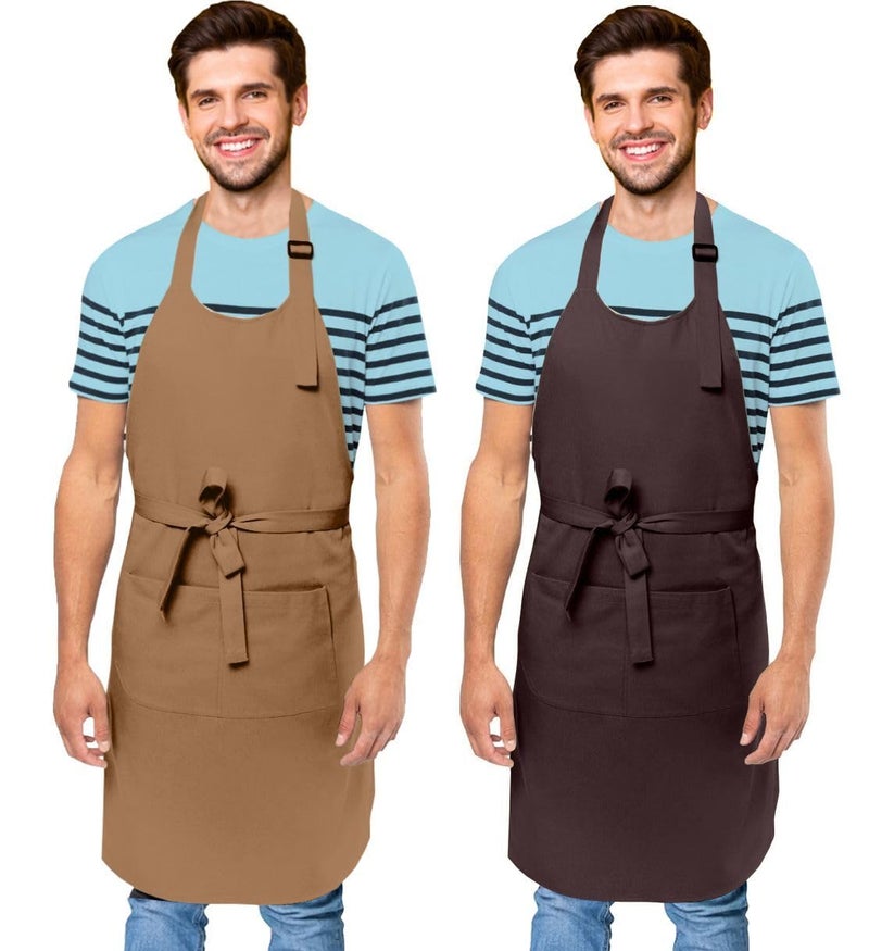 Cranique Polyester Kitchen Apron with Adjustable Strap Two Pockets for Women Men Free Size Apron for Hotel Cafe Restaurant Salon Workshop Garage Cooking Apron Pack of 2