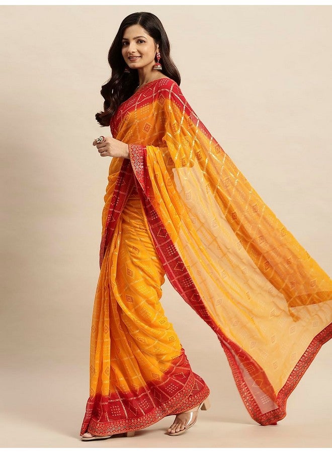 RATAN Women's Chiffon Bandhani Printed Saree without Blouse Piece(SHCH-36222_Yellow) - Image 2
