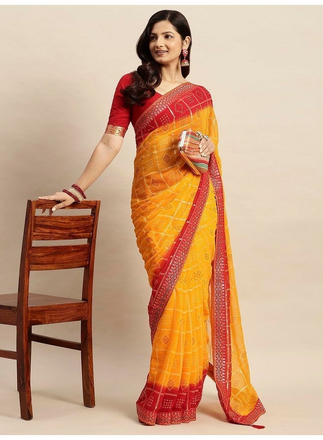 RATAN Women's Chiffon Bandhani Printed Saree without Blouse Piece(SHCH-36222_Yellow) - Image 3