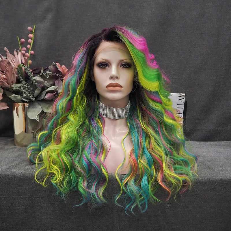 Multicolor Lace Front Wigs Rainbow Green Wigs Loose Curl Dark Root Colorful Synthetic Hair Wig Heat Resistant with Natural Hairline 22 Inch