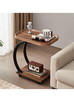 C-Shaped End Table, Sofa Side Table, Bedside Nightstand, Portable Multi-Functional Overbed Table, Easy to Assemble Metal Frame, with Wheels