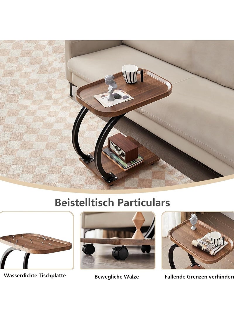 Generic - C-Shaped End Table, Sofa Side Table, Bedside Nightstand, Portable Multi-Functional Overbed Table, Easy to Assemble Metal Frame, with Wheels - Image 1