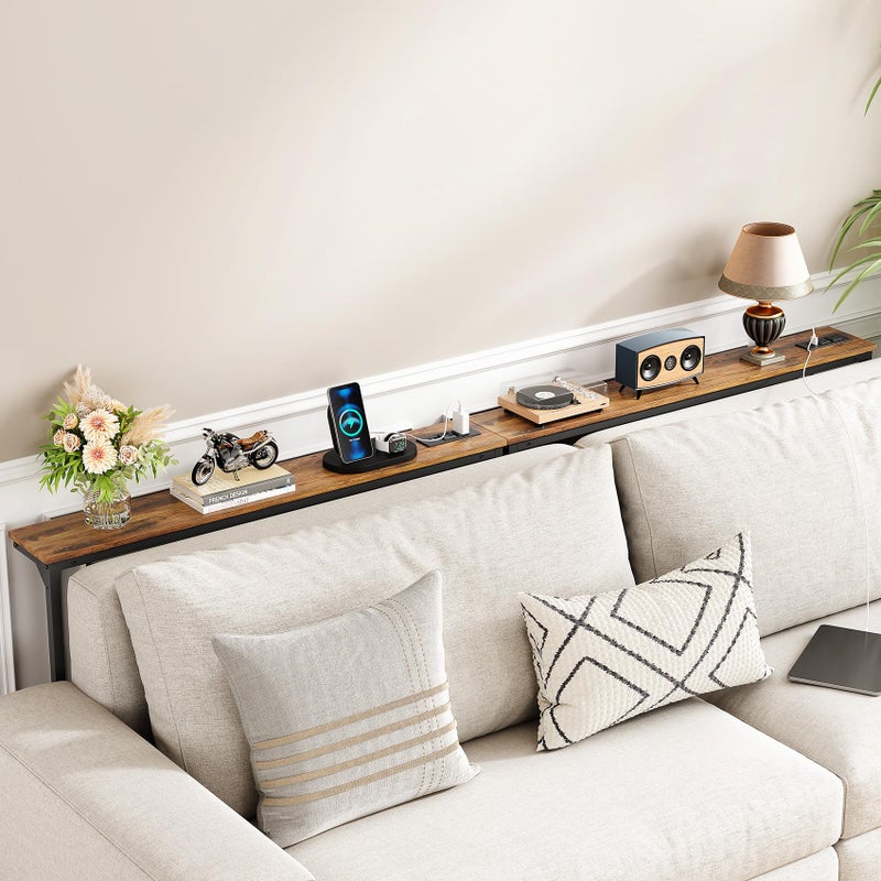 Kitstorack 2-Pack Narrow Console Table with Adjustable Height (25"-33") & 2 Power Outlets, Skinny Behind Couch Table, 78.8" Long x 5.9" Wide Sofa Side Table for Living Room, Rustic Brown - Image 2