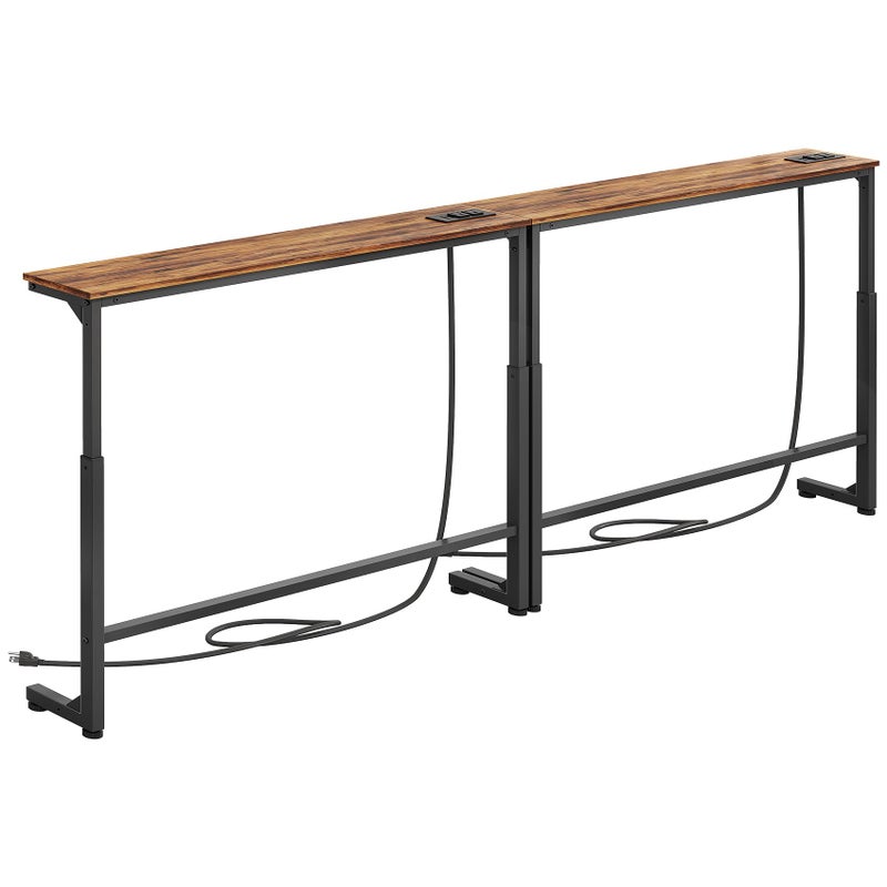 Kitstorack 2-Pack Narrow Console Table with Adjustable Height (25"-33") & 2 Power Outlets, Skinny Behind Couch Table, 78.8" Long x 5.9" Wide Sofa Side Table for Living Room, Rustic Brown - Image 1