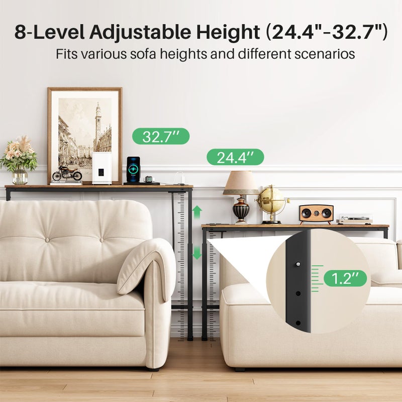 Kitstorack 2-Pack Narrow Console Table with Adjustable Height (25"-33") & 2 Power Outlets, Skinny Behind Couch Table, 78.8" Long x 5.9" Wide Sofa Side Table for Living Room, Rustic Brown - Image 3