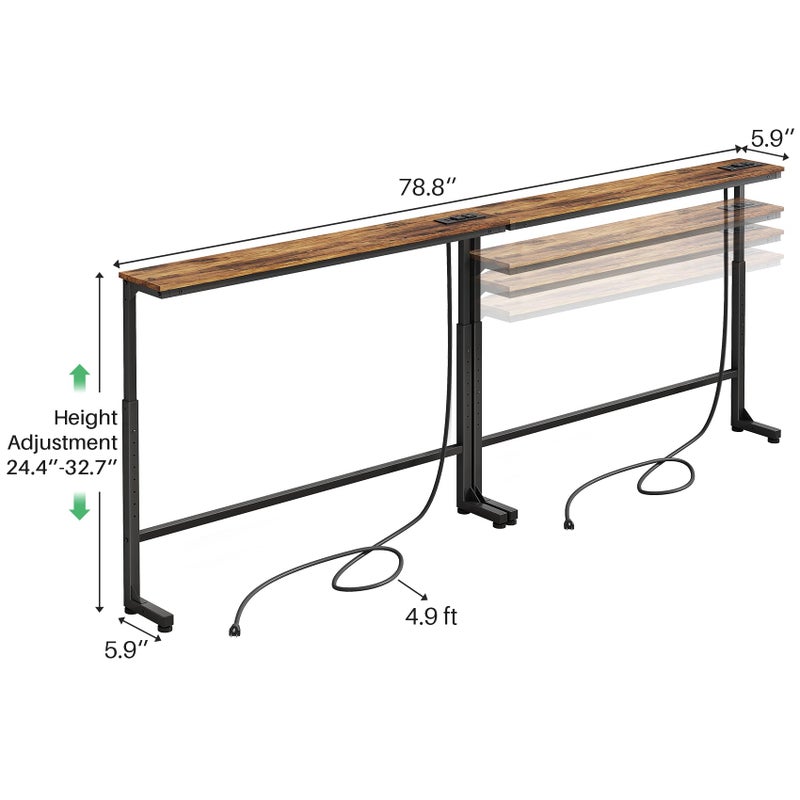 Kitstorack 2-Pack Narrow Console Table with Adjustable Height (25"-33") & 2 Power Outlets, Skinny Behind Couch Table, 78.8" Long x 5.9" Wide Sofa Side Table for Living Room, Rustic Brown - Image 4