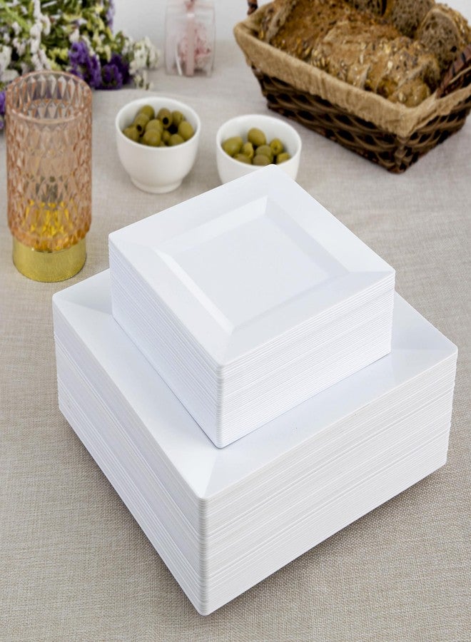 SETUP 100-Piece White Square Plastic Dinnerware Set - 50 9.5" Dinner & 50 6.5" Salad Plates - Heavy-Duty Disposable for Weddings, Catering, Parties - Image 3