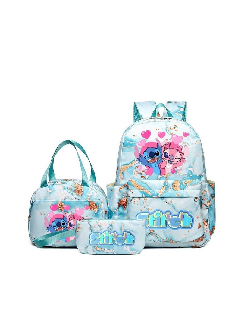Stitch Golden Quicksand Texture Schoolbag Waterproof Primary and Secondary School Student Backpack Youth Travel Backpack 31*43*15CM + Lunch Bag 27*20*20CM + Pencil Case Three-piece Set