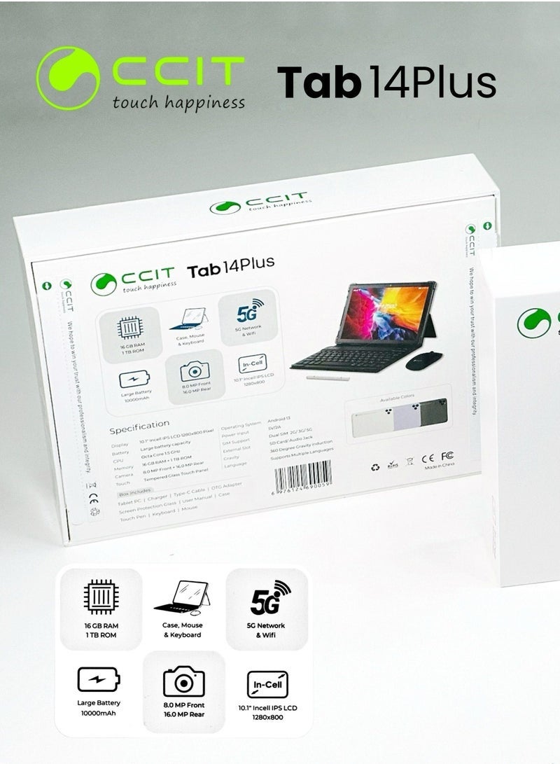 CCIT Tab 14 Plus Android 13 Tablet | 10.1" FHD Display | 16-Core CPU | Dual SIM 5G | 8+16MP Camera | 10000mAh Battery | 1TB TF Expandable | With Keyboard & Mouse | Silver | Fast & Versatile Device - Image 3