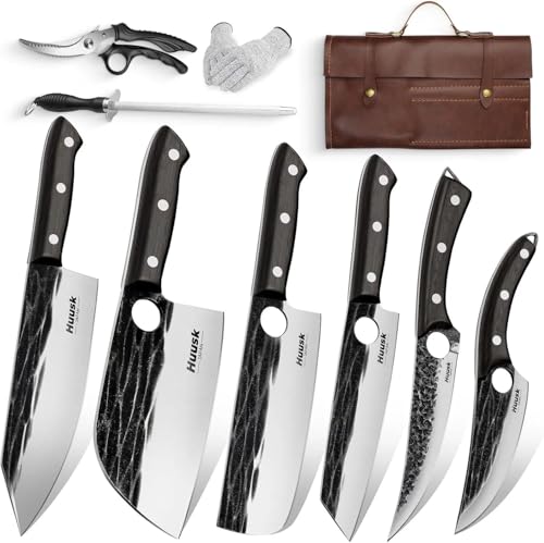 Huusk Knives Set, Serbian Chef Knife Set with Bag, Japanese Kitchen Knives Set, Hand Forged High Carbon Steel Knife Set, Full Tang Knives with Ebony Handle, Christmas Gift for Men and Women - Image 1