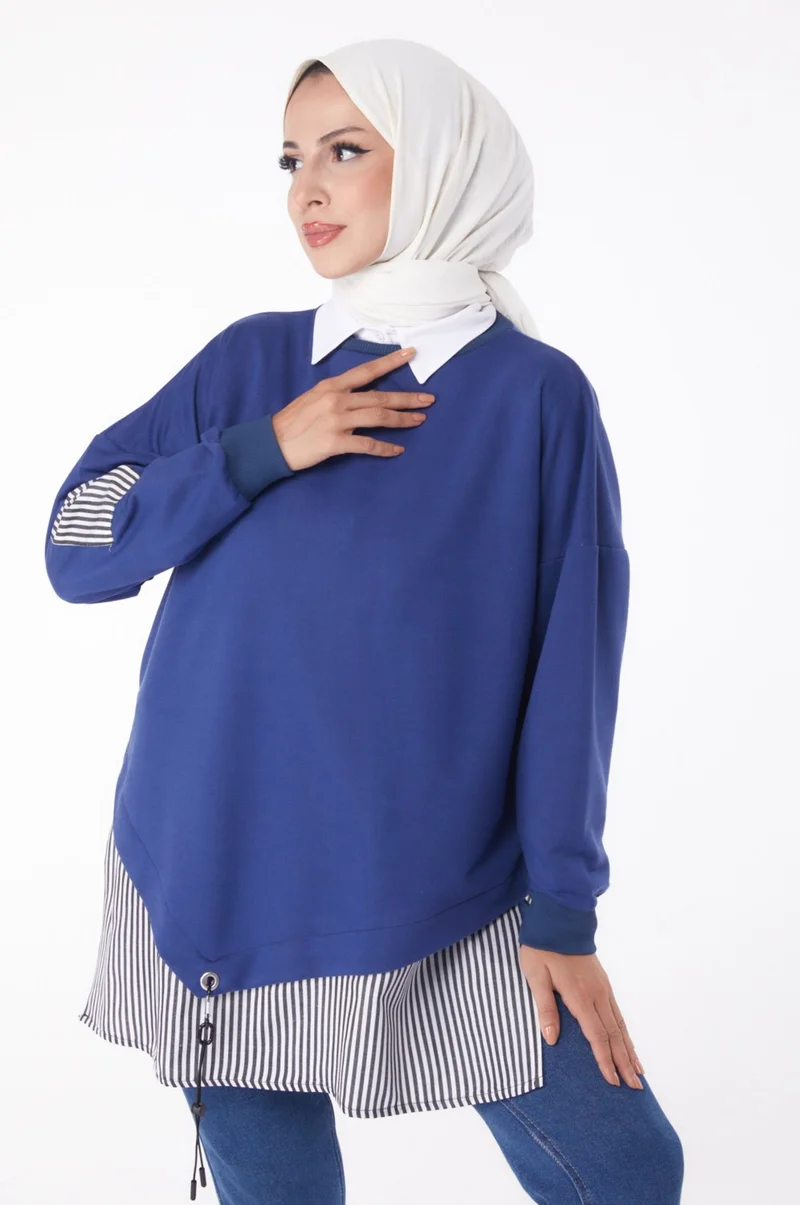 Tofisa Plain Crew Neck Women's Blue Striped Sweat - 26222