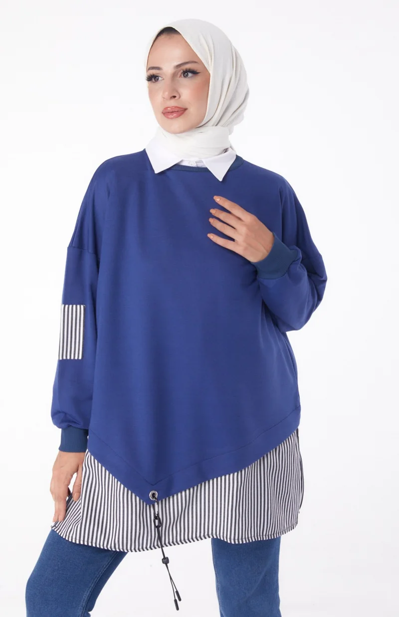 Tofisa Plain Crew Neck Women's Blue Striped Sweat - 26222