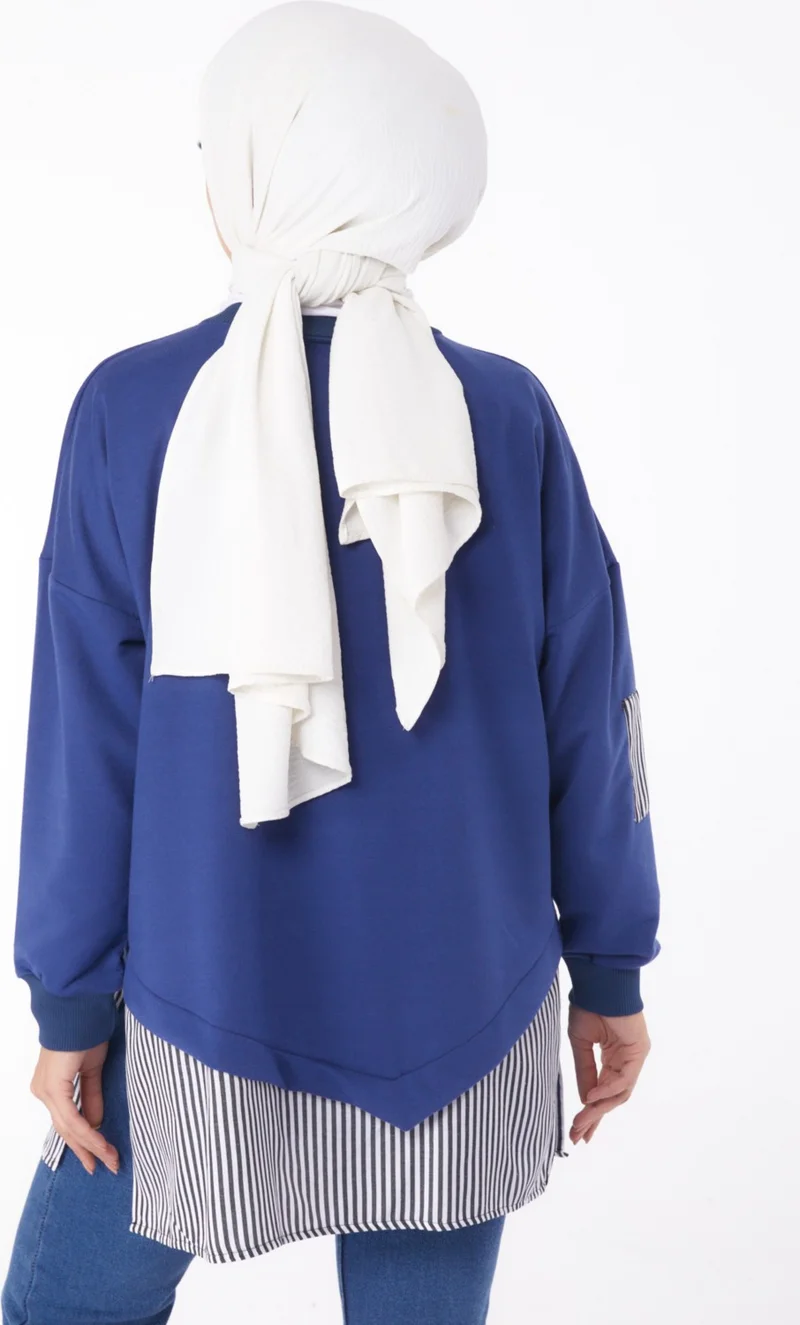 Tofisa Plain Crew Neck Women's Blue Striped Sweat - 26222