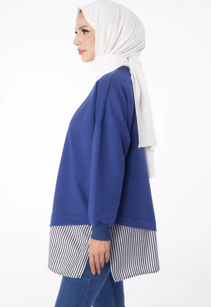 Tofisa Plain Crew Neck Women's Blue Striped Sweat - 26222