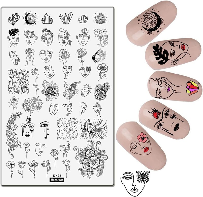 Mezerdoo 1Pcs People Image Line Pictures Nail Stamping Plates Abstract Face Design Nail Art Stamp Templates Woman Flower Geometric Printing Stencil Tools 14.5×9.5cm - Image 1