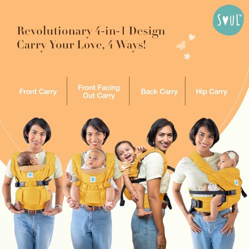 SOULSLINGS 4-in-1 Lali Baby Carrier Bag - Mustard - Cotton | Compact & Lightweight (400g) | Adjustable for 0-24 Months (4-15kg) | Machine Washable & Handwashable | Breastfeeding Friendly - Image 4