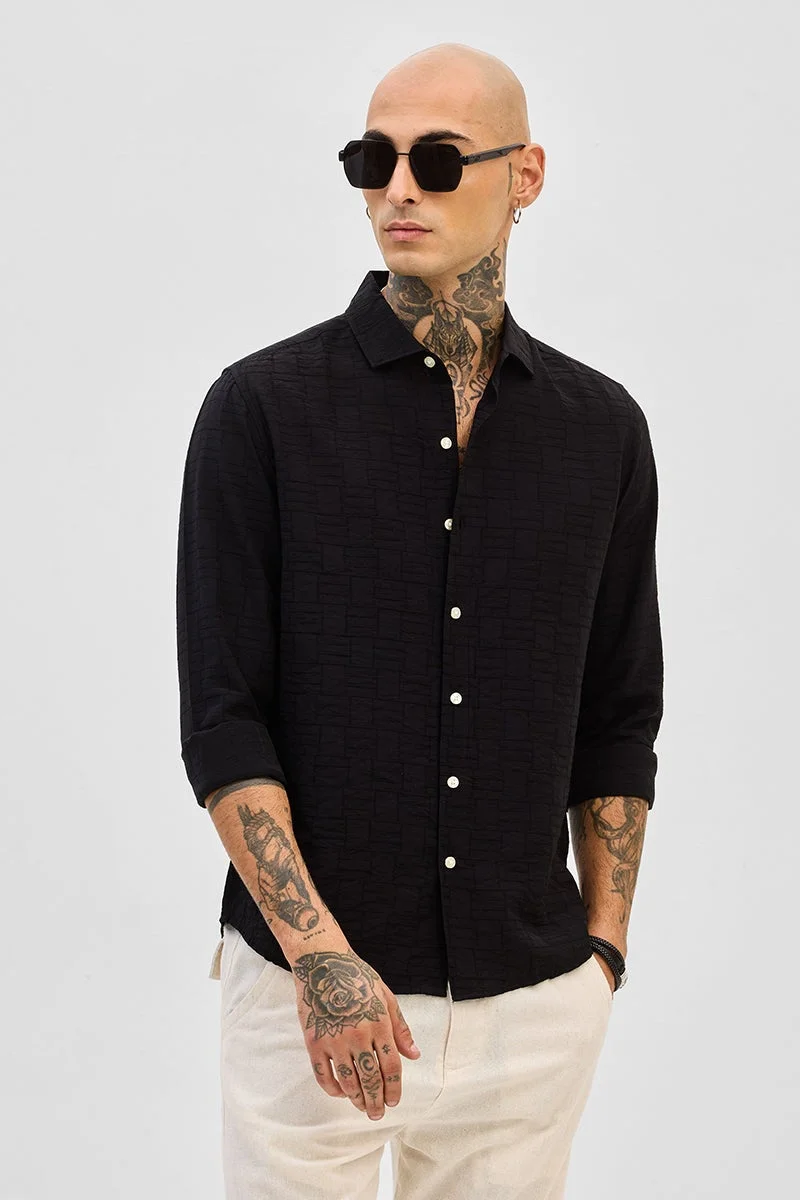 SNITCH Black Geometric Long Sleeve Slim Fit Casual Shirt