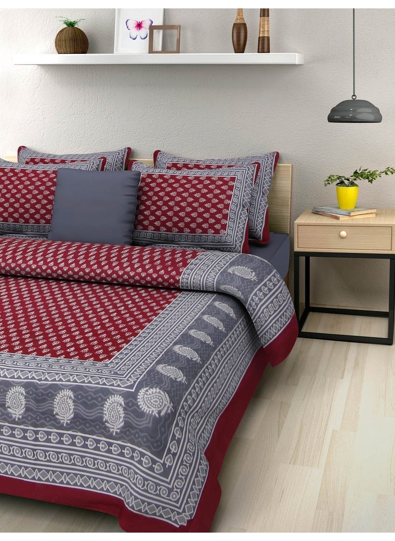 Queenie Qneenie Brand 144 TC 100 Pure Cotton Rajasthani Jaipuri Printed Double Bedsheet Size Bedsheet for Double Bed with 2 Pillow Cover Dark Maroon  - Image 2