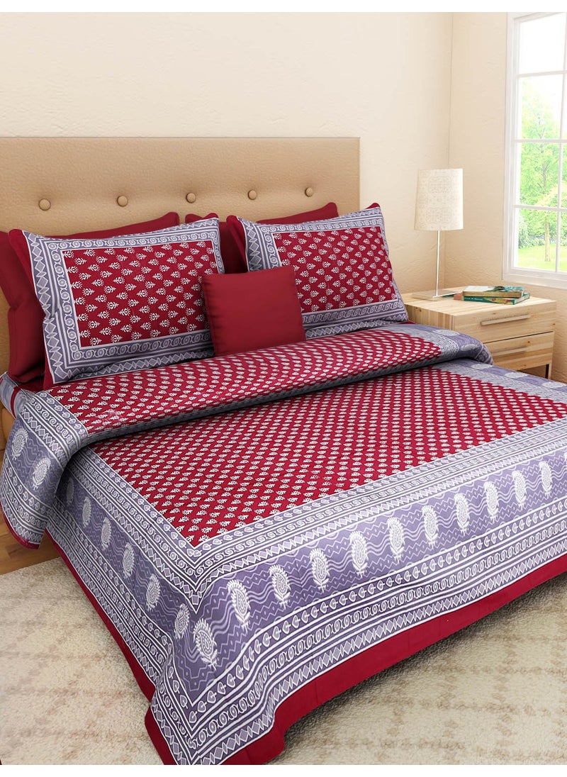 Queenie Qneenie Brand 144 TC 100 Pure Cotton Rajasthani Jaipuri Printed Double Bedsheet Size Bedsheet for Double Bed with 2 Pillow Cover Dark Maroon  - Image 1