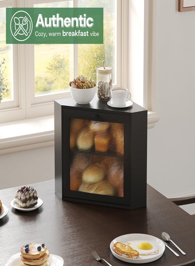 kiplant Black Corner Bread Box for Kitchen Countertop - Bamboo Wood, Wavy Acrylic Door, Adjustable 2-Layer Bread Storage Container, Large Bread Holder - Image 5