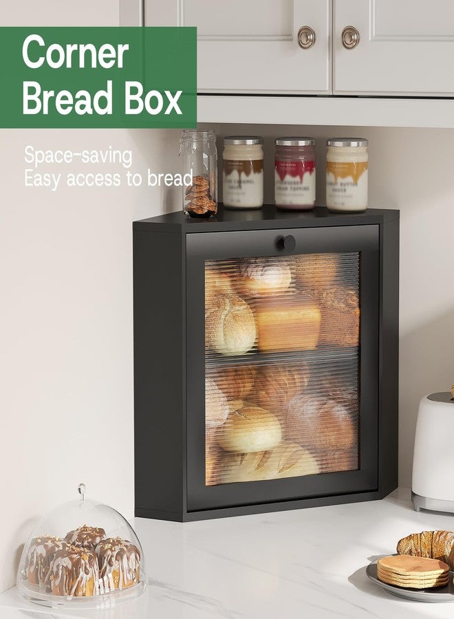 kiplant Black Corner Bread Box for Kitchen Countertop - Bamboo Wood, Wavy Acrylic Door, Adjustable 2-Layer Bread Storage Container, Large Bread Holder - Image 3