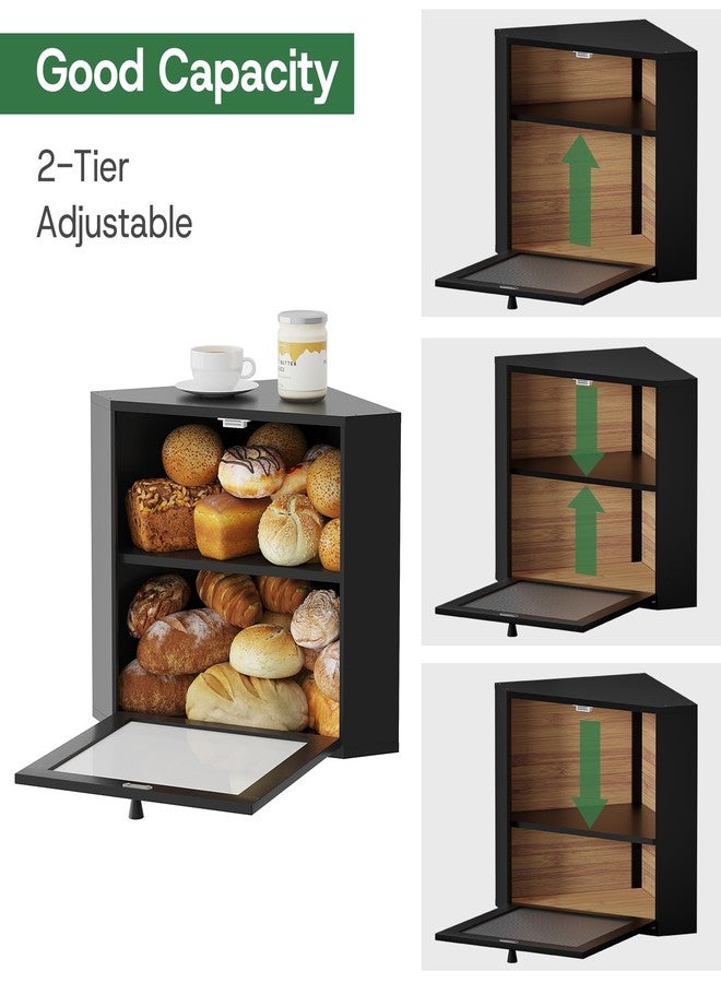 kiplant Black Corner Bread Box for Kitchen Countertop - Bamboo Wood, Wavy Acrylic Door, Adjustable 2-Layer Bread Storage Container, Large Bread Holder - Image 2