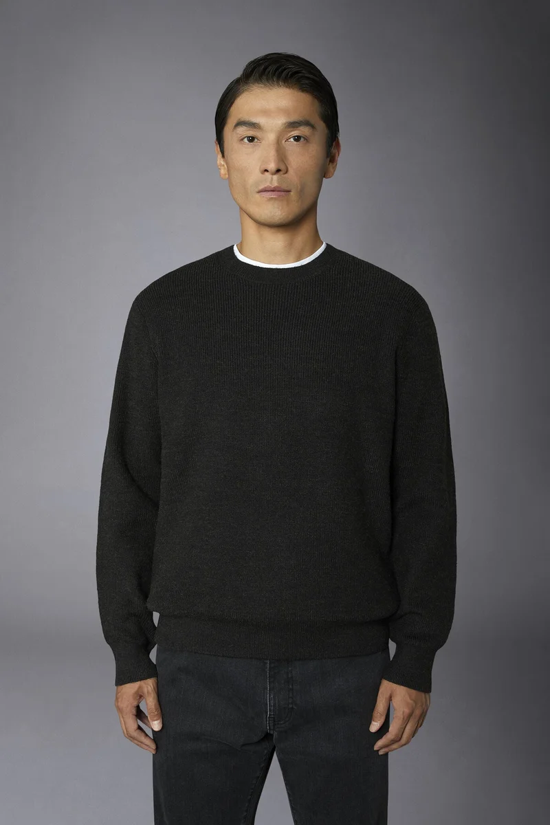 دوبل غانغر Men's roundneck sweater with English rib knitting regular fit - Brown