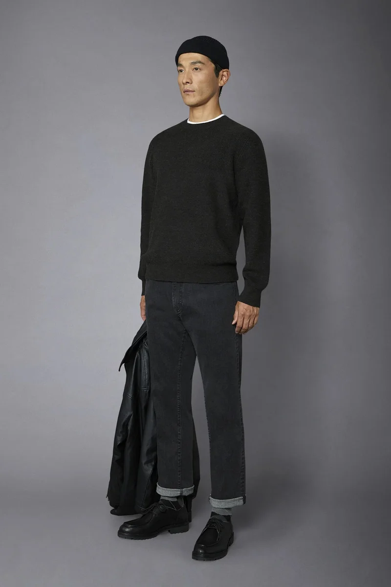 دوبل غانغر Men's roundneck sweater with English rib knitting regular fit - Brown