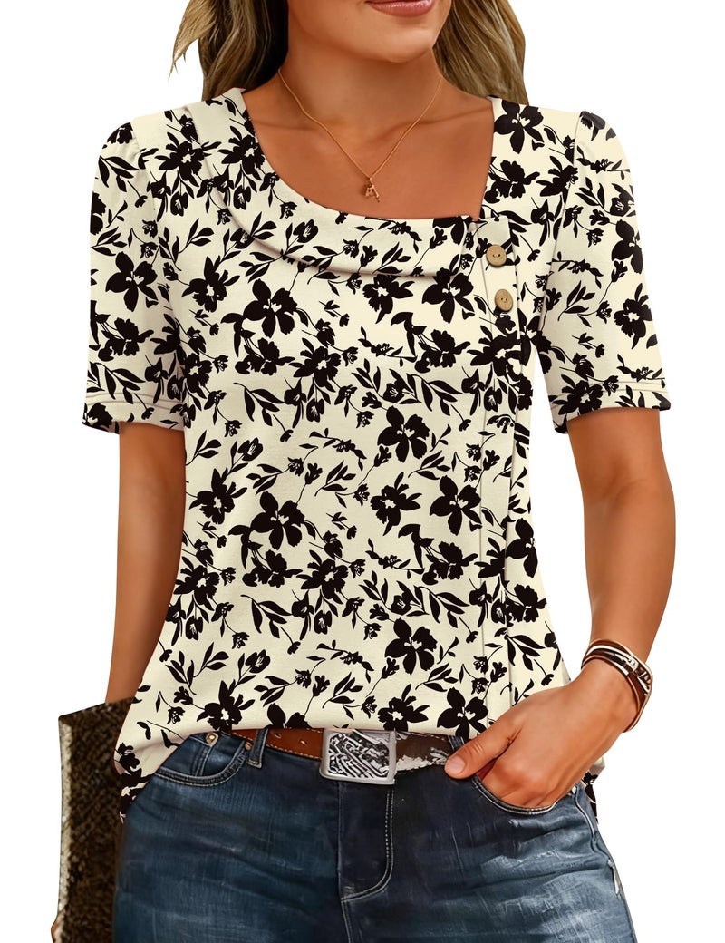 LUYAA Blouses for Women Vocation Flowy Tops Dressy Casual Womens Square Neck Short Sleeve Blouses Summer Fashion 2026 Trendy Black Floral L - Image 1