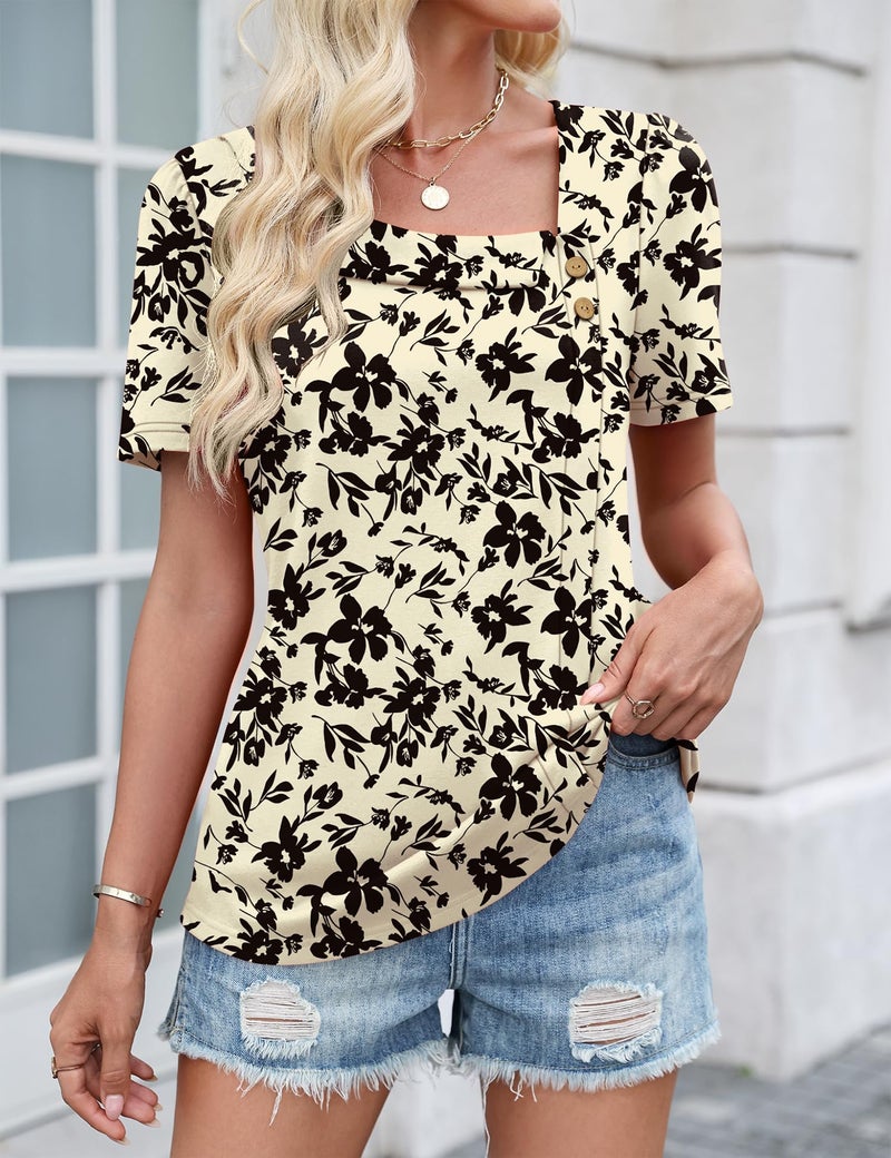LUYAA Blouses for Women Vocation Flowy Tops Dressy Casual Womens Square Neck Short Sleeve Blouses Summer Fashion 2026 Trendy Black Floral L - Image 3