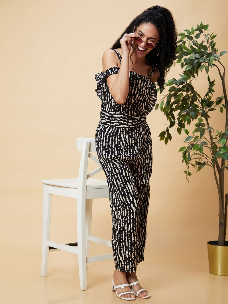 globus Women Abstract Printed Cold Shoulder With Ruffles Basic Jumpsuit