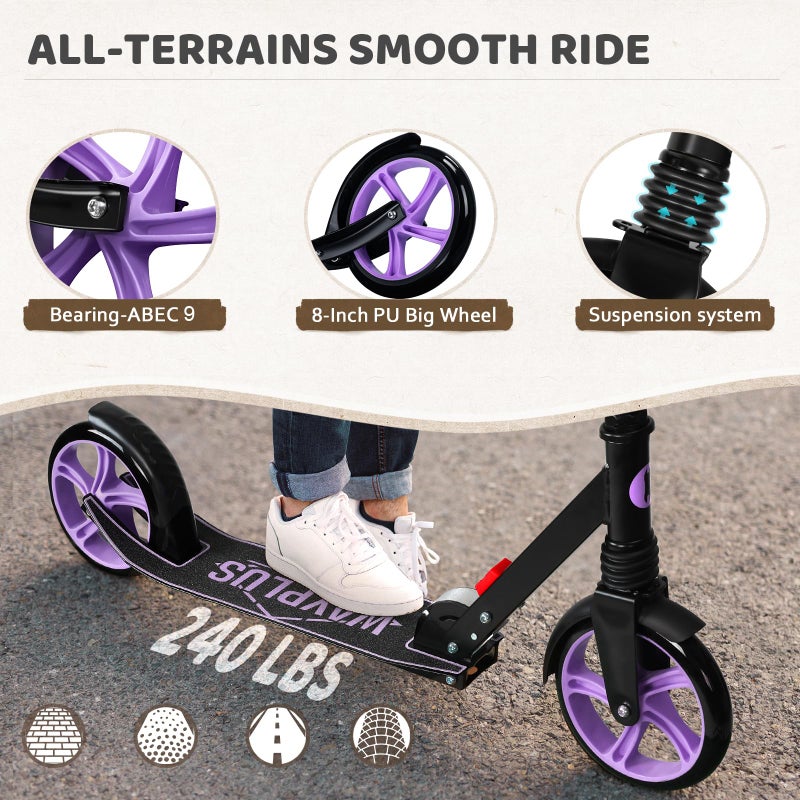 WAYPLUS Kick Scooter for Ages 6+,Kid, Teens & Adults. Max Load 240 LBS. Foldable, Lightweight, 8IN Big Wheels for Kids, Teen and Adults, 4 Adjustable Levels. Bearing ABEC9 - Image 4