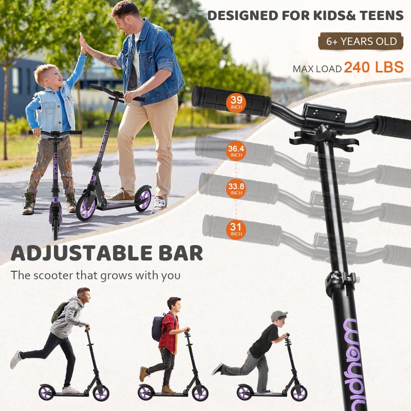 WAYPLUS Kick Scooter for Ages 6+,Kid, Teens & Adults. Max Load 240 LBS. Foldable, Lightweight, 8IN Big Wheels for Kids, Teen and Adults, 4 Adjustable Levels. Bearing ABEC9 - Image 3