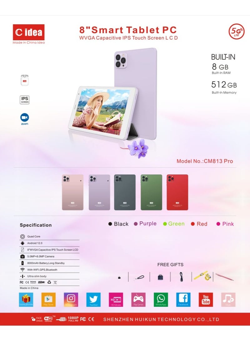 REBENUO C idea Tablet CM813 pro 8-inch screen LTE connectivity supports 5G band Wi-Fi connection equipped with 8GB RAM and 512GB storage space with a durable shock-resistant cover (Pink) - Image 5