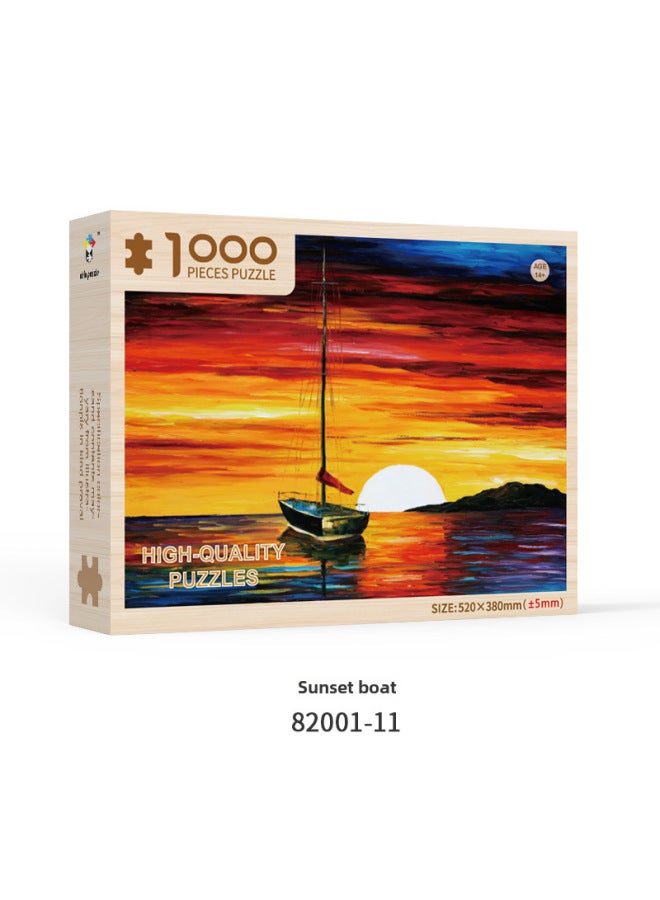 Middle-aged And Elderly Adult Black And White Difficult Decompression Wooden Puzzle 1000 Advanced Toys-Color:Sunset Boat 1000 Pieces (52*38cm) - Image 1