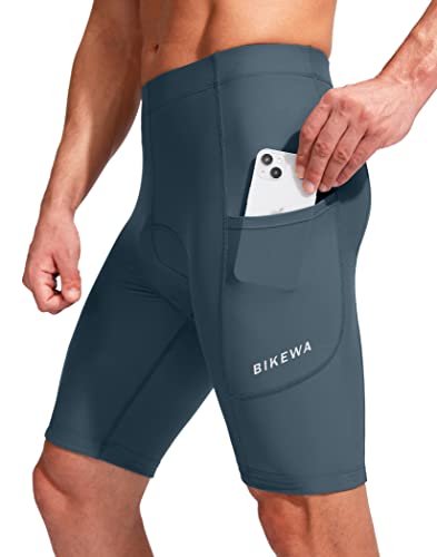 Bikewa شورتات دراجة للرجال مع وسادة 3D للدراجات الهوائية على الطرقات وركوب الجبال مع جيوب بسحاب (أزرق رمادي، M) - Image 2