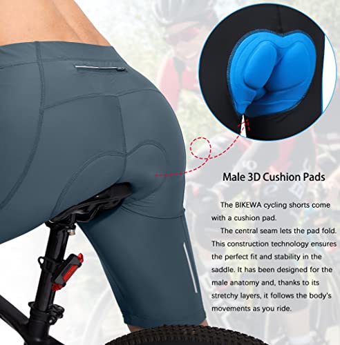 Bikewa شورتات دراجة للرجال مع وسادة 3D للدراجات الهوائية على الطرقات وركوب الجبال مع جيوب بسحاب (أزرق رمادي، M) - Image 4